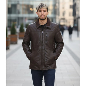 Men's Leather Motorcycle Jacket Classic Biker Coat - Brown - Infinity Leather - 8