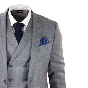 Jasnoszary 3-częściowy garnitur męski w niebieską kratę z kamizelką dwurzędową - TruClothing.com - 4