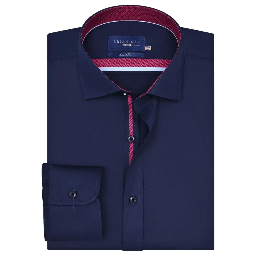 Men's Navy Designer Satin Dress Shirt - Brian Oak - 1