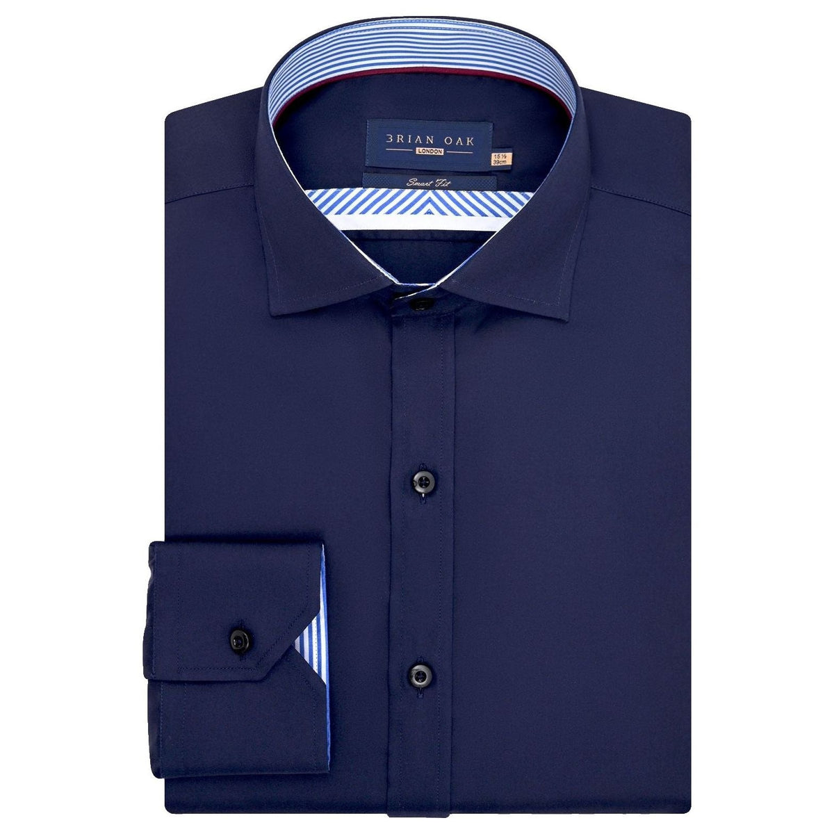 Men's Navy Satin Formal Shirt with Striped Contrast Trim - Brian Oak - 1