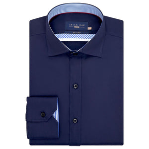 Men's Navy Satin Formal Shirt with Striped Contrast Trim - Brian Oak - 1