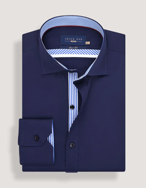 Men's Navy Satin Formal Shirt with Striped Contrast Trim - Brian Oak - 2