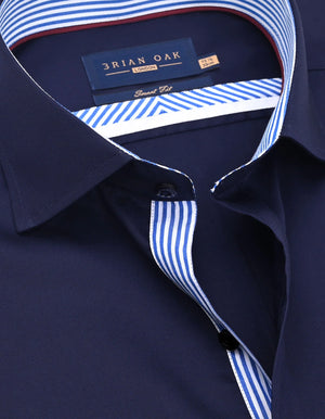 Men's Navy Satin Formal Shirt with Striped Contrast Trim - Brian Oak - 3
