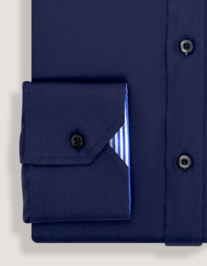 Men's Navy Satin Formal Shirt with Striped Contrast Trim - Brian Oak - 4