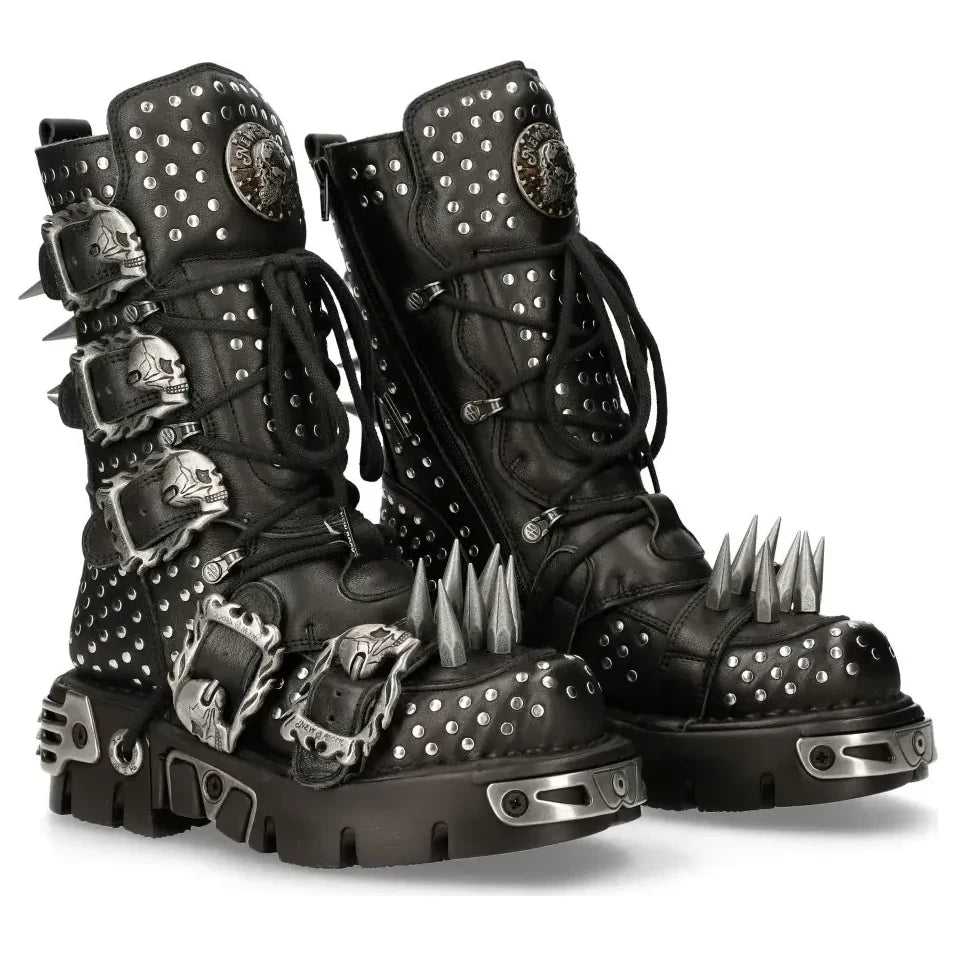 New Rock 1535-S1 - Czarne wysokie kozaki wojskowe z kolcami punk - New Rock - 1