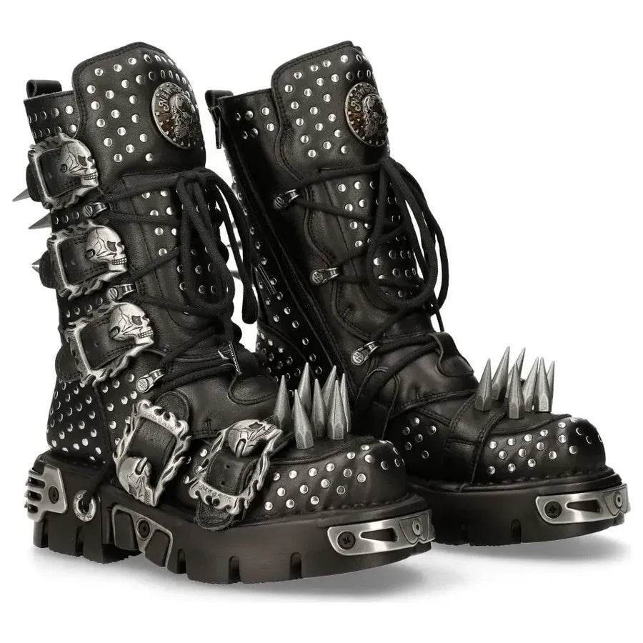 New Rock 1535-S1 Botas altas militares de cuero negras con hebillas de Metal Spikes Punk EMO - New Rock - 1
