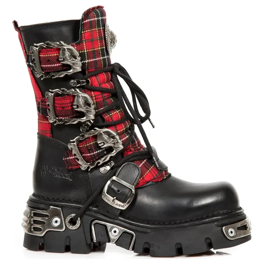 New Rock 391T-S1 - Buty za kostkę męskie czarne skórzane w kratę gotyckie - New Rock - 1