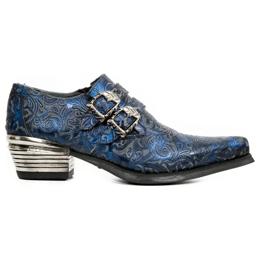 Buty męskie niebieskie skórzane tłoczone ze stalową klamrą New Rock 7960-s7 - New Rock - 1