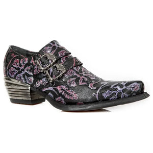 Men's New Rock 7960-s8 Embossed Vintage Black Leather Heel Shoes - New Rock - 1