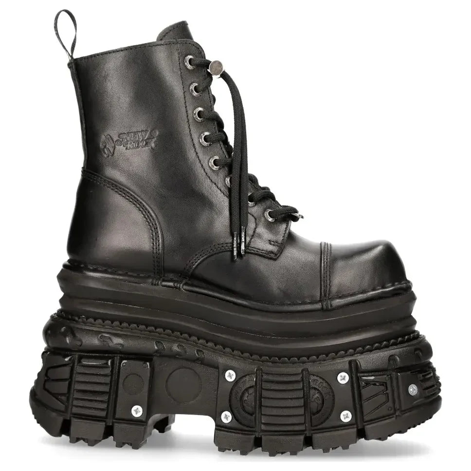 Męskie New Rock MILI083CCT-C4 metaliczne czarne skórzane militarne buty za kostkę - New Rock - 1