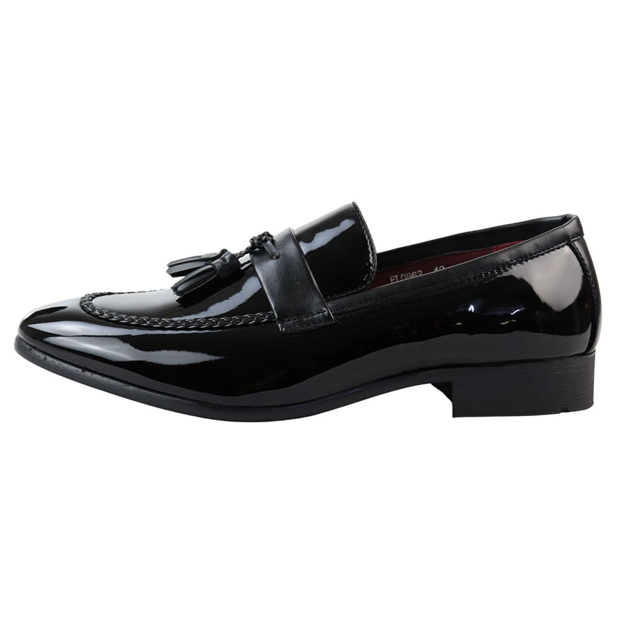 Herren Mokassin Loafers Lackleder gefüttert Slip On Quaste Formale Kleid Schuhe - Schwarz - Elong - 1