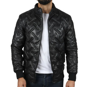 Men's Puffer Quilted Bomber Real Leather Jacket - Black - Infinity Leather - 2