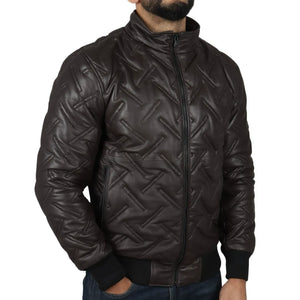 Men's Puffer Quilted Bomber Real Leather Jacket - Brown - Infinity Leather - 10