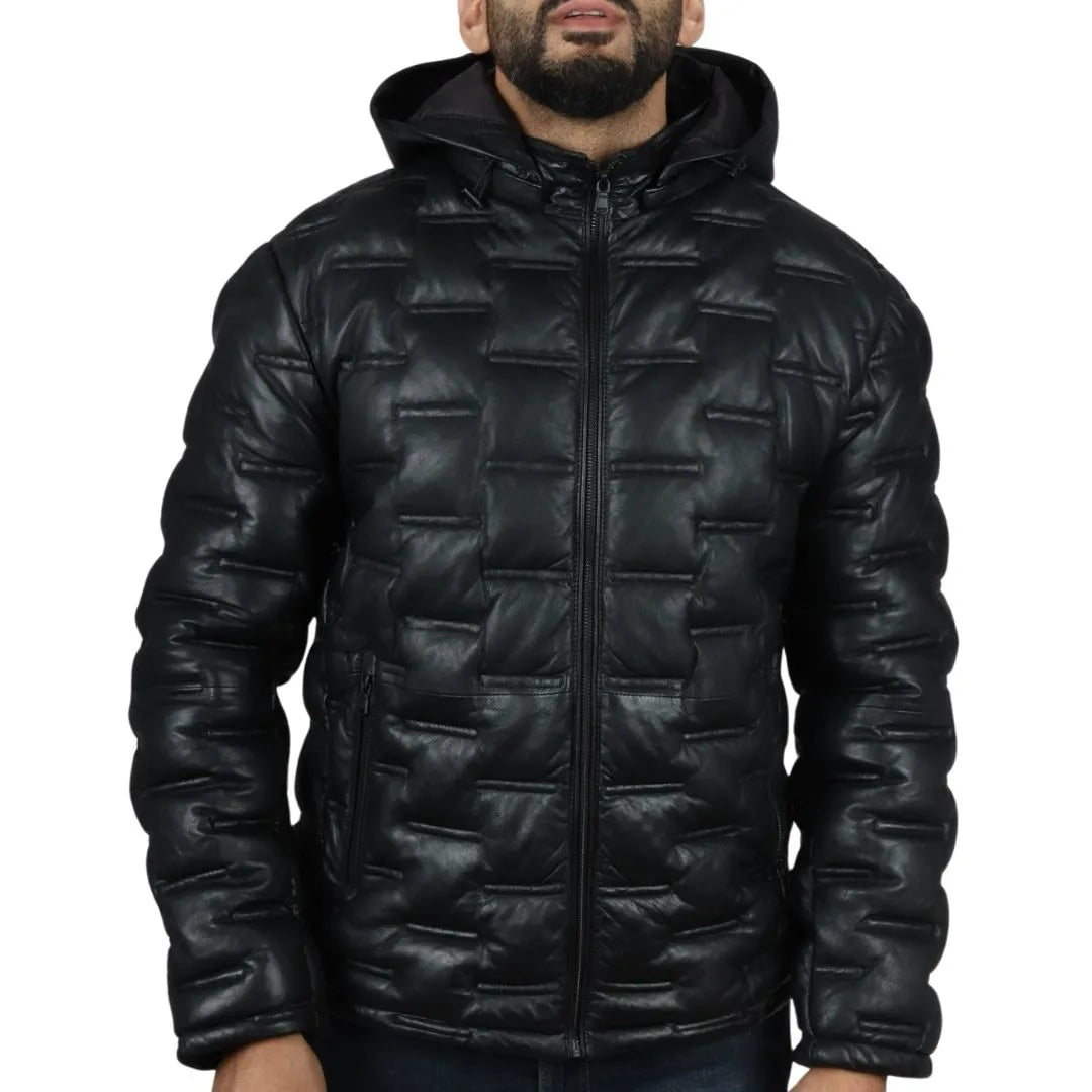 Giacca da Uomo Trapuntata in Vera Pelle con Cappuccio Casual - Nero - Infinity Leather - 1