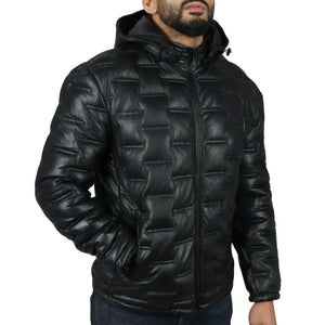 Giacca da Uomo Trapuntata in Vera Pelle con Cappuccio Casual - Nero - Infinity Leather - 4