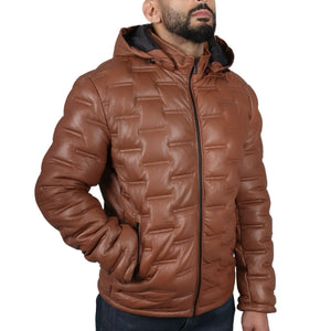 Giacca da Uomo Trapuntata in Vera Pelle con Cappuccio Casual - Nocciola - Infinity Leather - 11