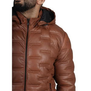 Giacca da Uomo Trapuntata in Vera Pelle con Cappuccio Casual - Nocciola - Infinity Leather - 13