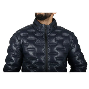Kurtka męska pikowana skórzana z prawdziwej skóry długości do talii - Granatowy - Infinity Leather - 13