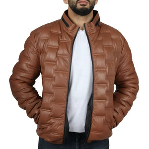 Kurtka męska pikowana skórzana z prawdziwej skóry długości do talii - Jasnobrązowy - Infinity Leather - 17