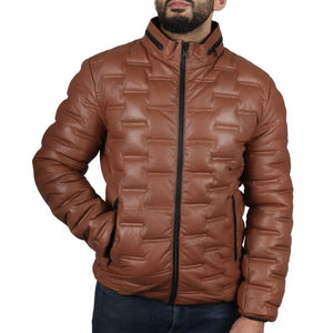 Kurtka męska pikowana skórzana z prawdziwej skóry długości do talii - Jasnobrązowy - Infinity Leather - 18