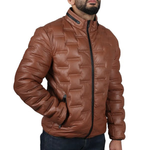 Kurtka męska pikowana skórzana z prawdziwej skóry długości do talii - Jasnobrązowy - Infinity Leather - 19