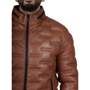 Kurtka męska pikowana skórzana z prawdziwej skóry długości do talii - Jasnobrązowy - Infinity Leather - 20