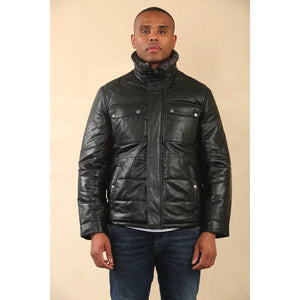 Veste en cuir avec col en fausse fourrure matelassée pour homme - Noir - Infinity Leather - 10