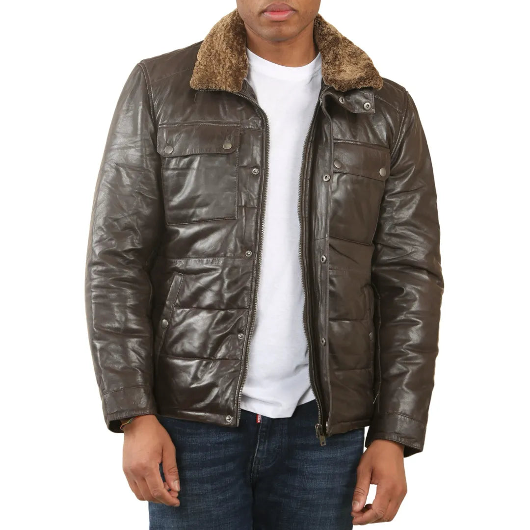 Veste en cuir avec col en fausse fourrure matelassée pour homme - Marron - Infinity Leather - 1