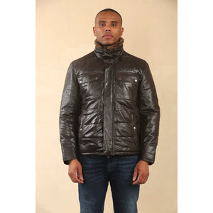 Veste en cuir avec col en fausse fourrure matelassée pour homme - Marron - Infinity Leather - 3