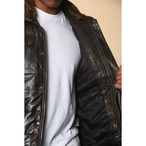 Veste en cuir avec col en fausse fourrure matelassée pour homme - Marron - Infinity Leather - 5