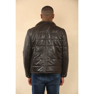 Veste en cuir avec col en fausse fourrure matelassée pour homme - Marron - Infinity Leather - 7