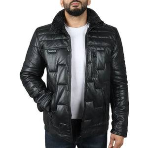 Manteau Safari matelassé et rembourré en cuir véritable pour hommes - Noir - Infinity Leather - 10