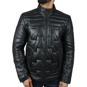 Manteau Safari matelassé et rembourré en cuir véritable pour hommes - Noir - Infinity Leather - 12