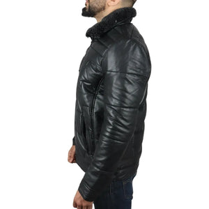 Manteau Safari matelassé et rembourré en cuir véritable pour hommes - Noir - Infinity Leather - 14