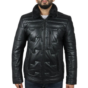 Manteau Safari matelassé et rembourré en cuir véritable pour hommes - Noir - Infinity Leather - 9