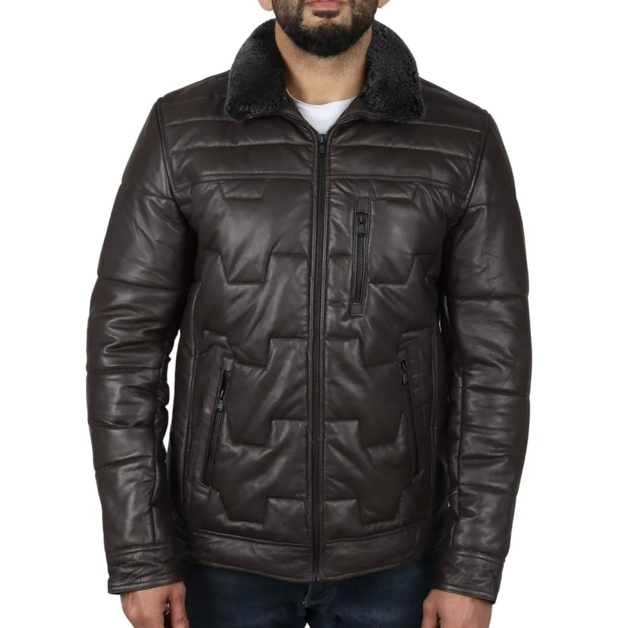 Płaszcz męski pikowany ocieplany ze skóry naturalnej w stylu safari - Brązowy - Infinity Leather - 1