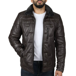Manteau Safari matelassé et rembourré en cuir véritable pour hommes - Marron - Infinity Leather - 2