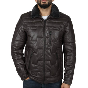 Manteau Safari matelassé et rembourré en cuir véritable pour hommes - Marron - Infinity Leather - 3