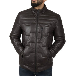 Manteau Safari matelassé et rembourré en cuir véritable pour hommes - Marron - Infinity Leather - 4