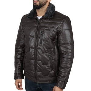 Manteau Safari matelassé et rembourré en cuir véritable pour hommes - Marron - Infinity Leather - 5