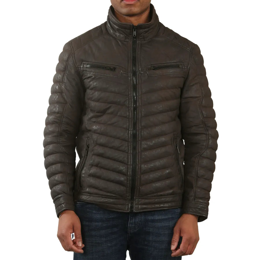 Kurtka z miękkiej skóry Napa pikowana puffer męska - Brązowy - Infinity Leather - 1