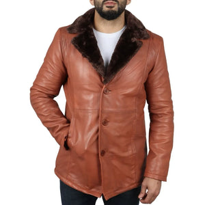 Manteau pour homme en cuir véritable avec doublure en fourrure - Marron clair - Infinity Leather - 3