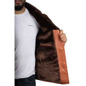 Manteau pour homme en cuir véritable avec doublure en fourrure - Marron clair - Infinity Leather - 7