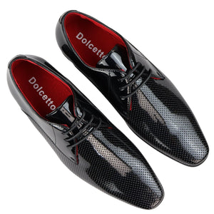 Mens Shoes Smart Formal Perforated Pointed Laced Black Red White Patent Leather PU - Dolcetto - 4