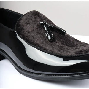 Men's Slip On Tassel Velvet Detailed Patent Loafers - Black - Dolcetto - 11