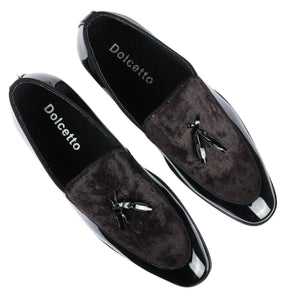Men's Slip On Tassel Velvet Detailed Patent Loafers - Black - Dolcetto - 12