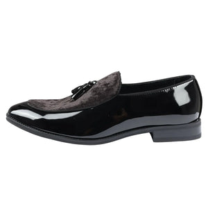 Men's Slip On Tassel Velvet Detailed Patent Loafers - Black - Dolcetto - 7