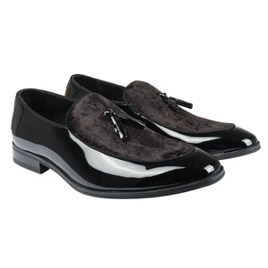 Men's Slip On Tassel Velvet Detailed Patent Loafers - Black - Dolcetto - 8