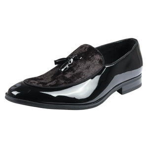 Men's Slip On Tassel Velvet Detailed Patent Loafers - Black - Dolcetto - 9