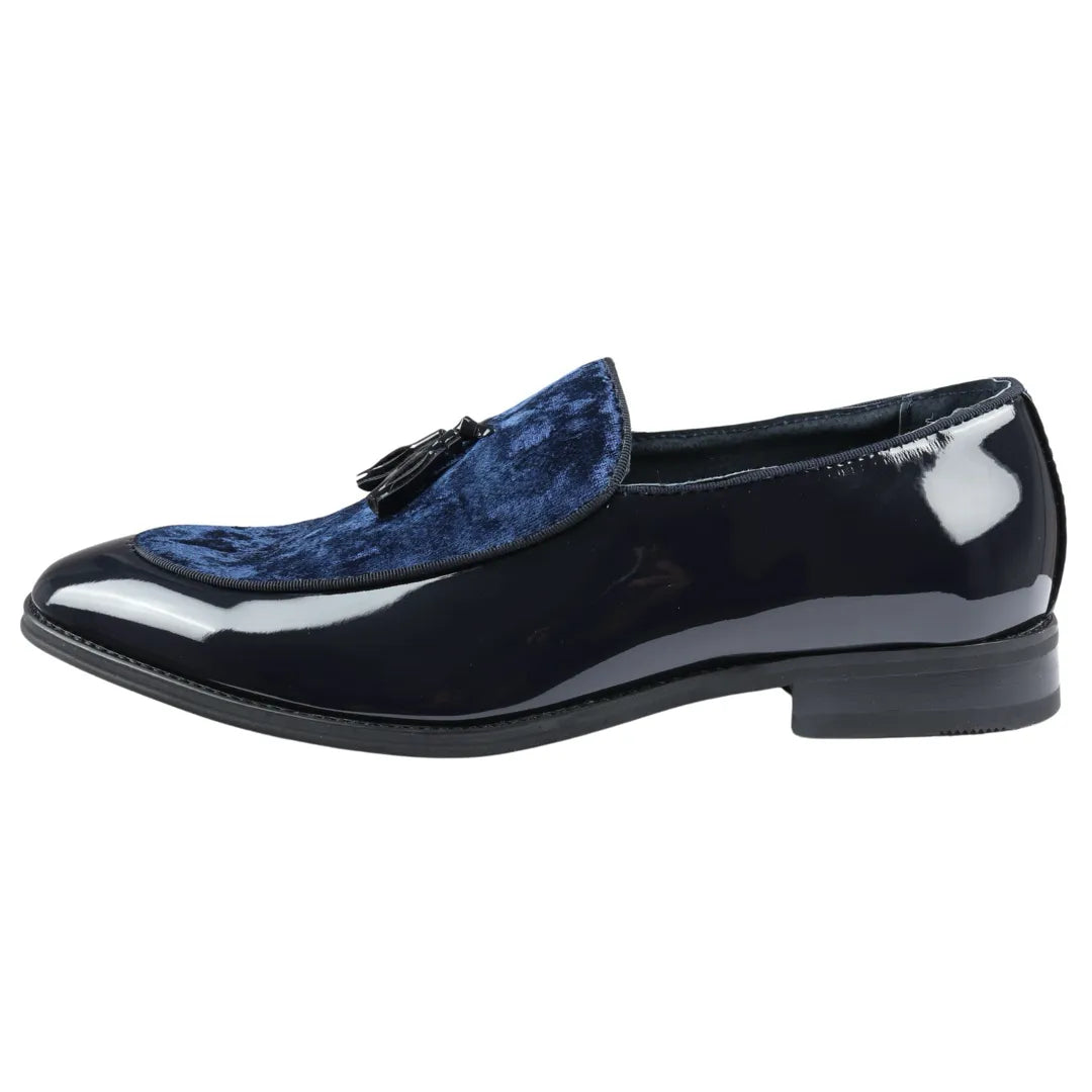 Men's Slip On Tassel Velvet Detailed Patent Loafers - Navy - Dolcetto - 1